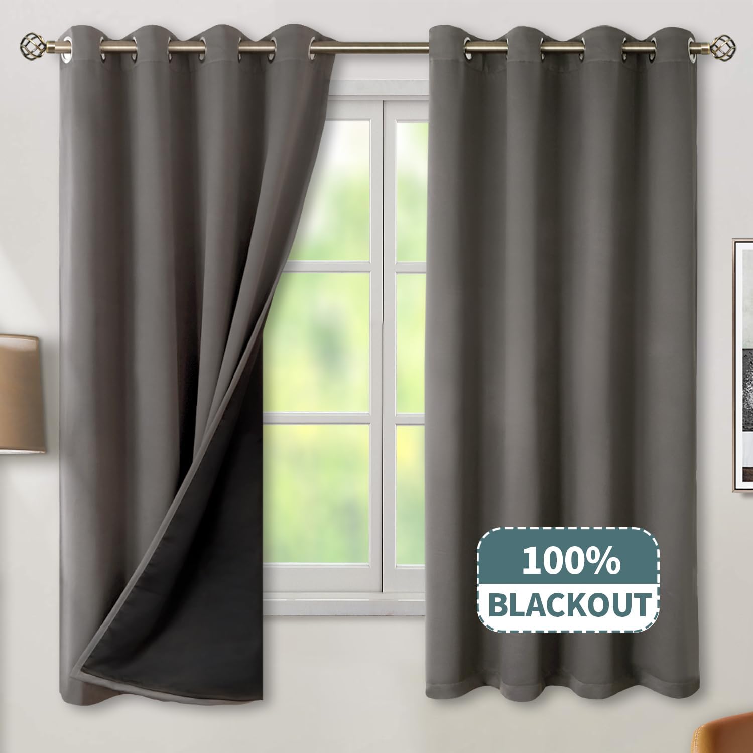 BGment Thermal Insulated 100% Blackout Curtains for Bedroom with Black Liner, Double Layer Full Room Darkening Noise Reducing Grommet Curta…