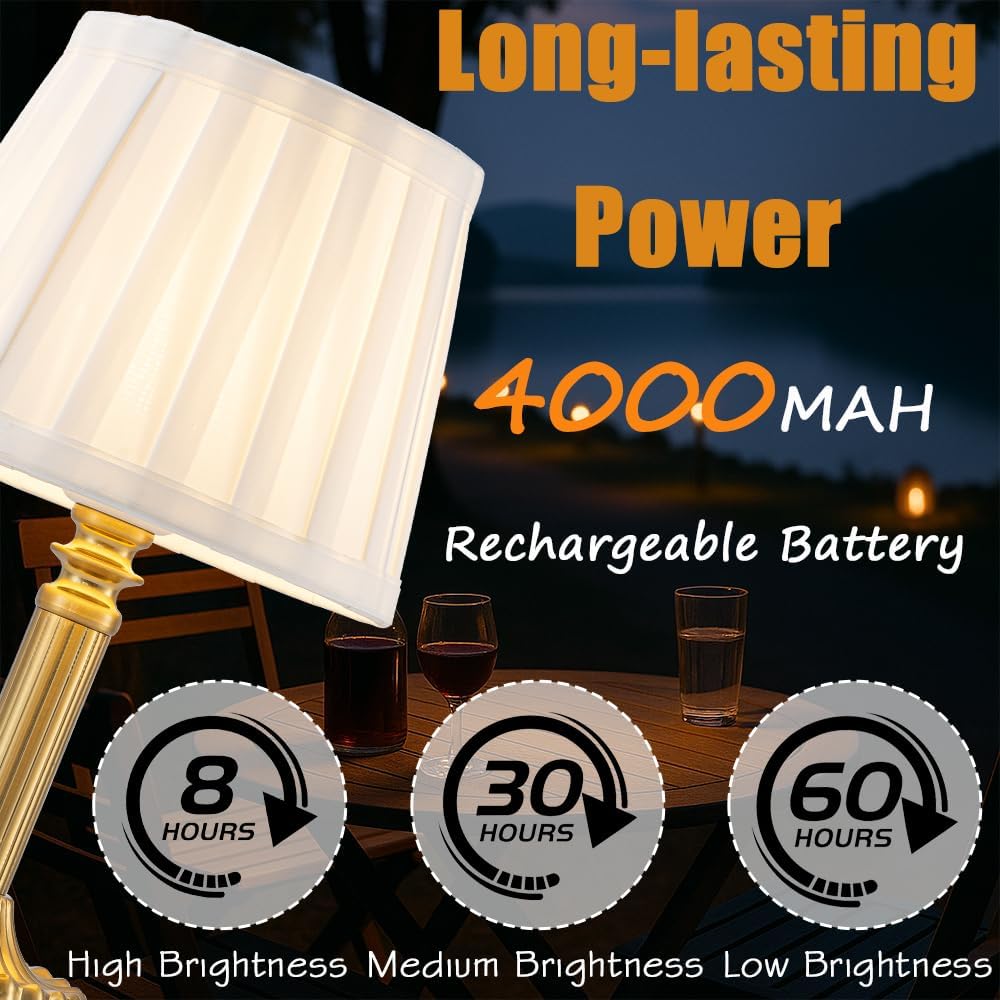 3 Way Dimmable Touch Control Cordless Table Lamp with Pleated Fabric Shade Glam Rechargeable Bedside Nightstand Lamp Small LED Desk Lamp…