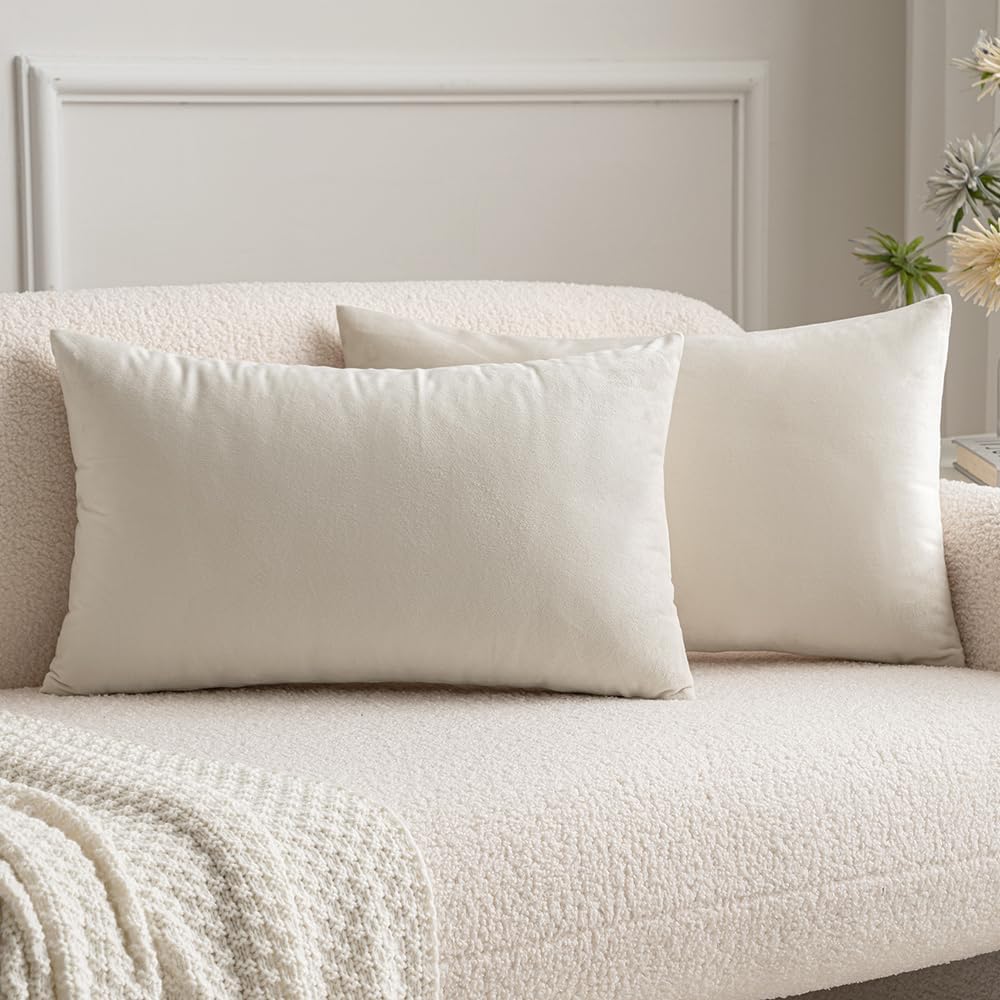 Miulee Velvet Throw Pillow Covers 12x20 Inch, Pack of 2 - Cream White, Soft Solid Lumbar Decorative Pillow Covers Modern Luxury Home Decor…