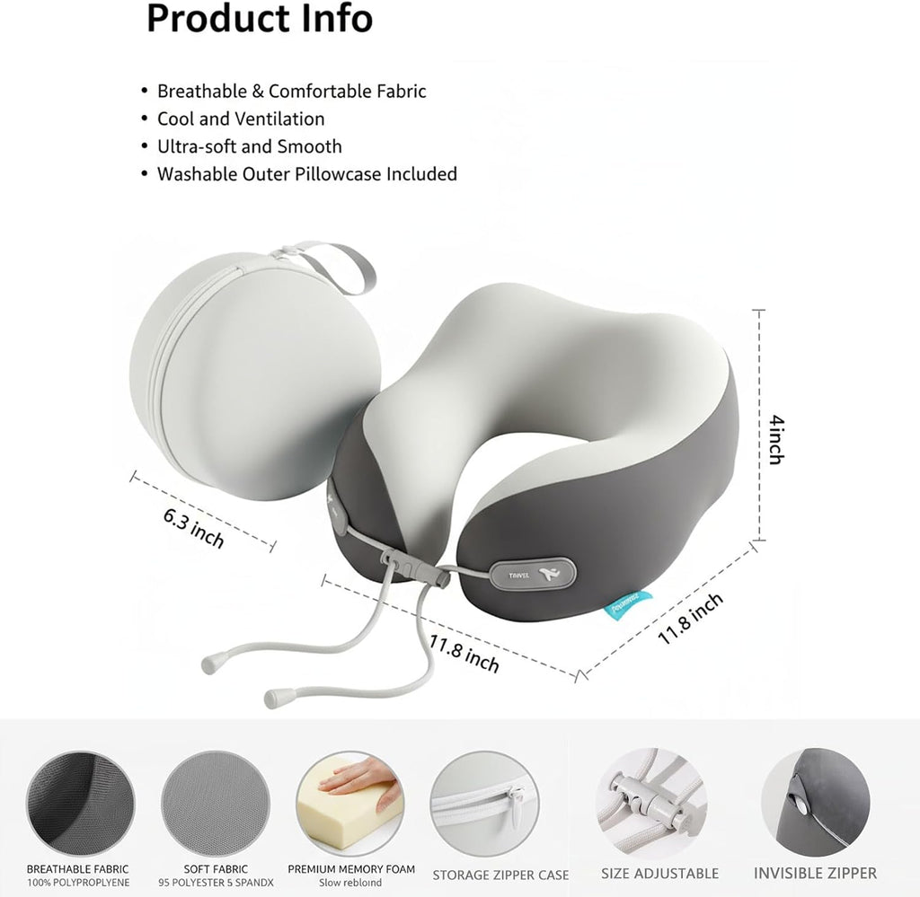 Travel Pillow with Cool Material, Neck Pillow for Traveling 100% Pure Memory Foam, Travel Neck Pillow with Hard Case, Airplane Pillow for…
