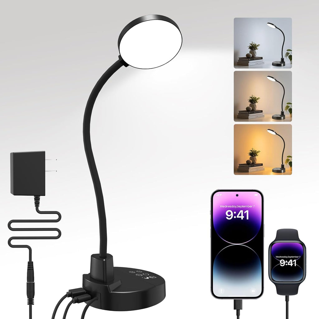 15W LED Desk Lamp with USB Charging Ports – Dimmable Table Lamp with 3 Color Temps, 5 Brightness, 4 Timers, Flexible Gooseneck Light with…