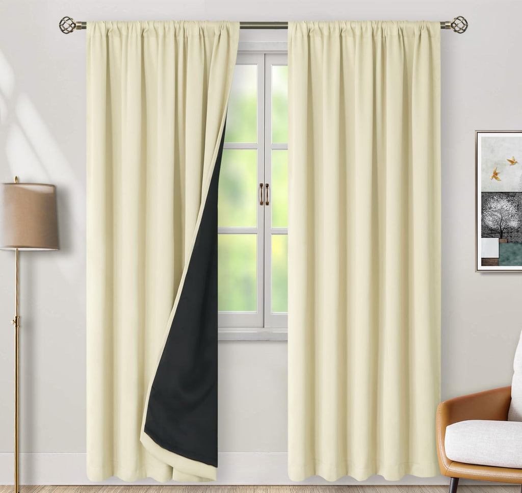 BGment Cream Thermal Insulated 100% Blackout Curtains 95 Inches Long with Liner, Rod Pocket and Back Tab Room Darkening Double Layer…