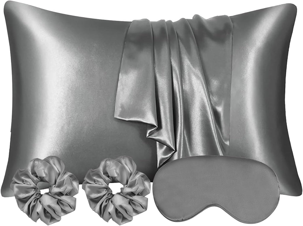 Auauy 2 Pack Satin Silk Pillowcase, 19.69x29.53in Silk Pillowcases for Hair and Skin with 2PCS Satin Hair Scrunchies&Eye Mask, Soft Slip Be…