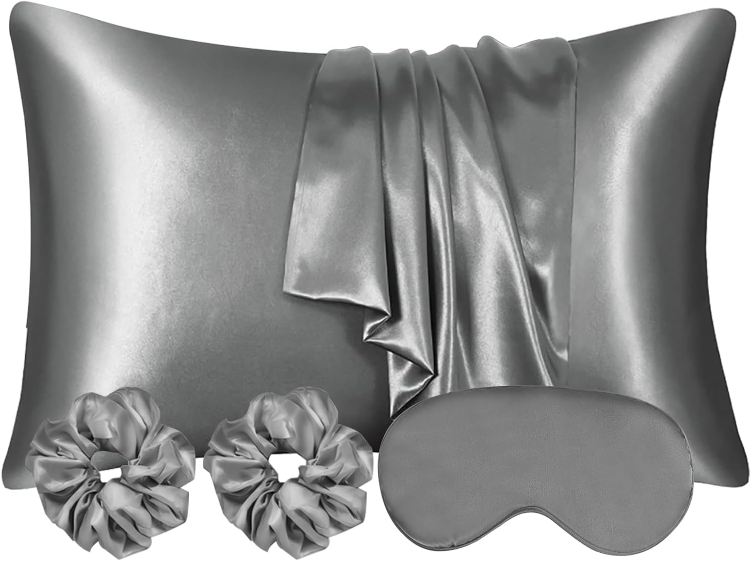 Auauy 2 Pack Satin Silk Pillowcase, 19.69x29.53in Silk Pillowcases for Hair and Skin with 2PCS Satin Hair Scrunchies&Eye Mask, Soft Slip Be…