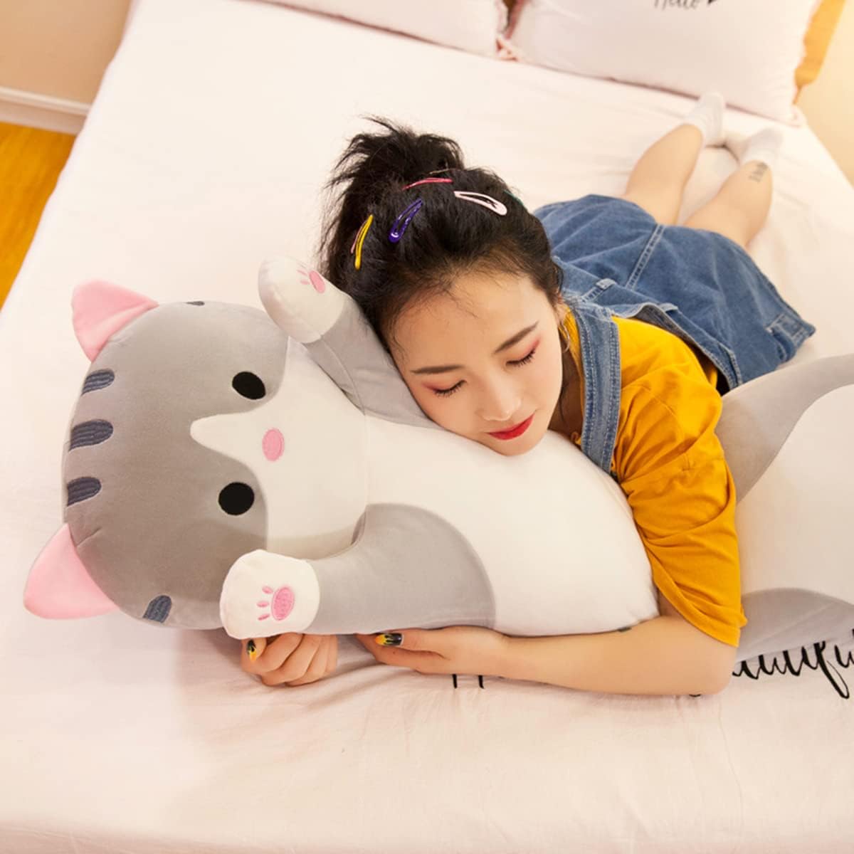 Rexinc Jumbo Plush Pillow - Gray Cat Toy, Soft Long Body Pillow, Cute Cartoon Cat Stuffed Animal, Gift for Girls & Boys