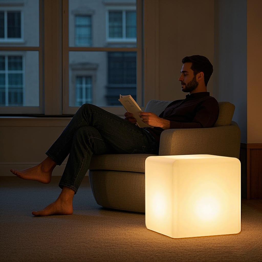 Mr.Go 20-inch LED Lighted Cube Table, Large LED Cube Chair Light, 16 RGB Colors Glowing Cube Seat w/Remote - Rechargeable - Waterproof…