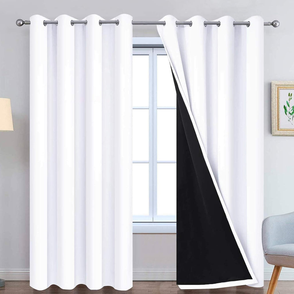 Yakamok Pure White 100% Blackout Curtains, 2 Thick Layers Completely Blackout Curtains Thermal Insulated Noise Reducing Drapes for Bedroom(…