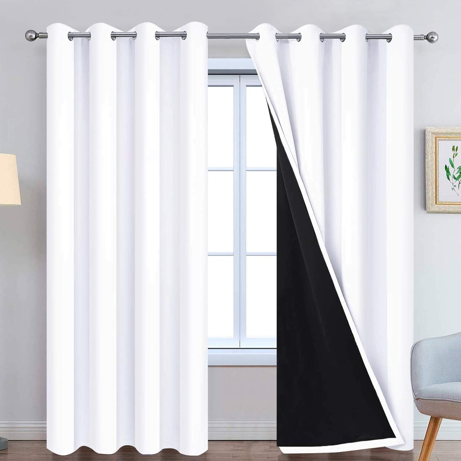 Yakamok Pure White 100% Blackout Curtains, 2 Thick Layers Completely Blackout Curtains Thermal Insulated Noise Reducing Drapes for Bedroom(…