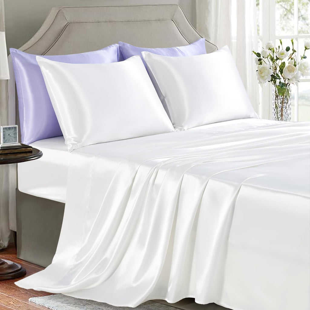 Golal Satin Sheets Full Size - 4 Pieces Luxury Silky Soft Bed Sheets, Wrinkle-Free White Satin Silk Sheet Set with 1 Deep Pocket Fitted She…