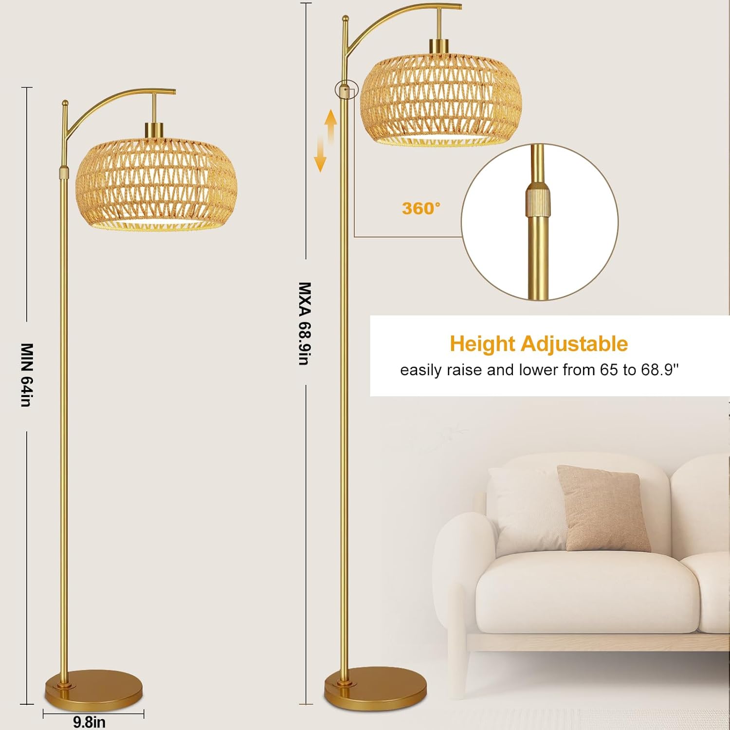 ZECOXOL Gold Floor Lamps for Living Room Rattan Boho Floor Lamp with Remote Control & 3 Color Temperature, Dimmable Arc Floor Lamps Brass…