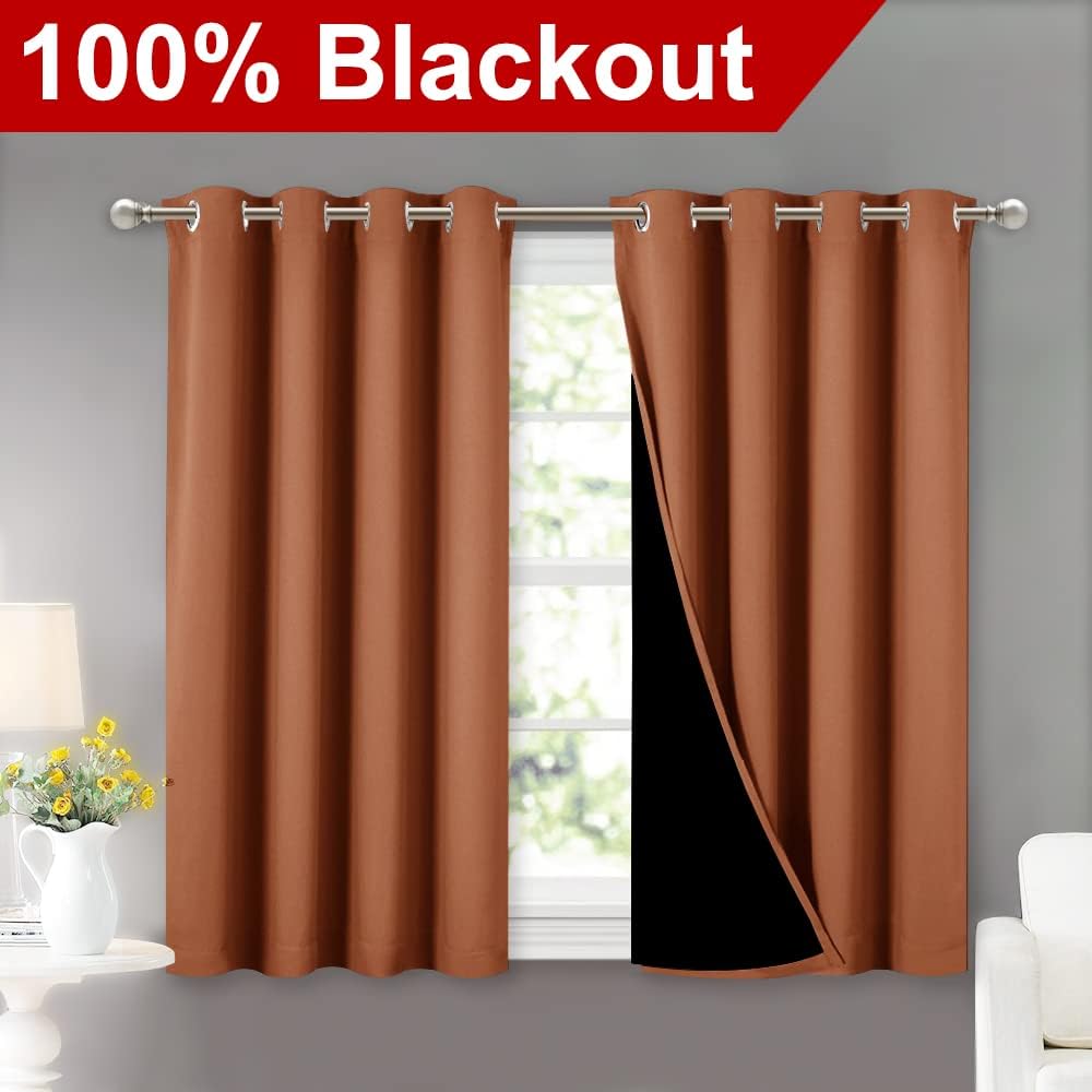 Nicetown Burnt Orange 100% Blackout Curtains 45 inches Long, 2 Thick Layers Completely Blackout Window Treatment Thermal Insulated Lined Dr…