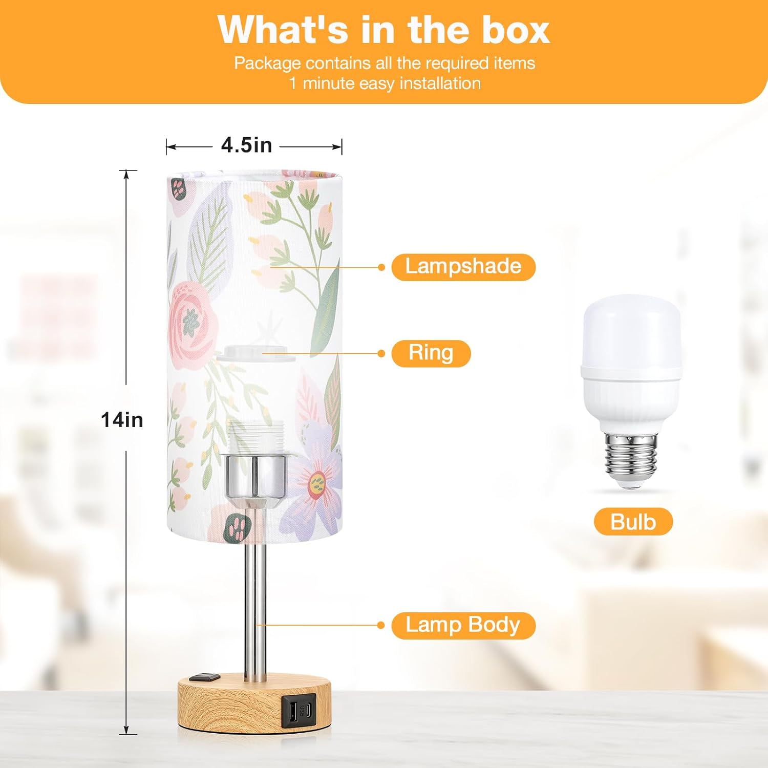 Fenmzee Floral Touch Lamp for Bedroom- 3 Way Dimmable Bedside Lamp USB C A Charging Ports and AC Outlet, Small Table Lamp Floral Linen…
