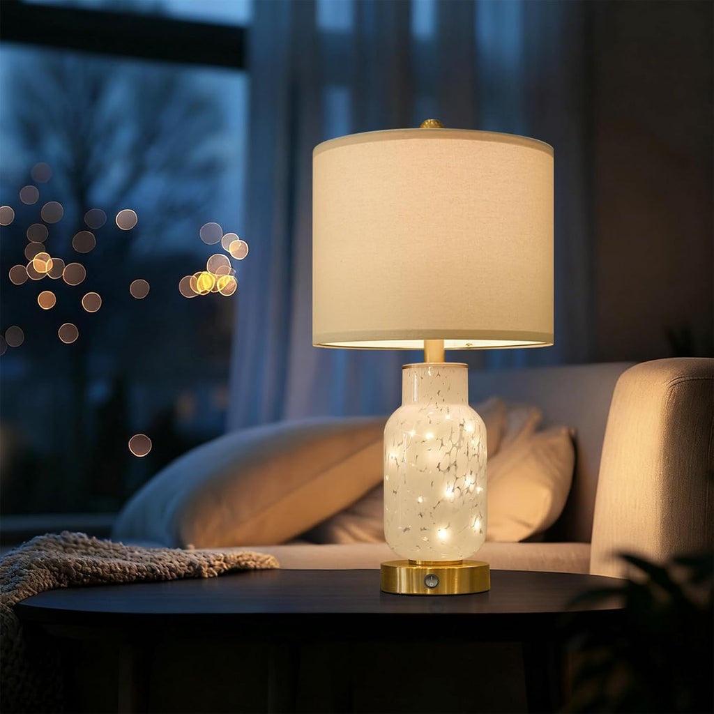 Oneach 22" Glass Table Lamps Set of 2, White Modern Bedside Lamp with LED Night Light for Living Room, Nightstand Lamp with USB Ports for B…