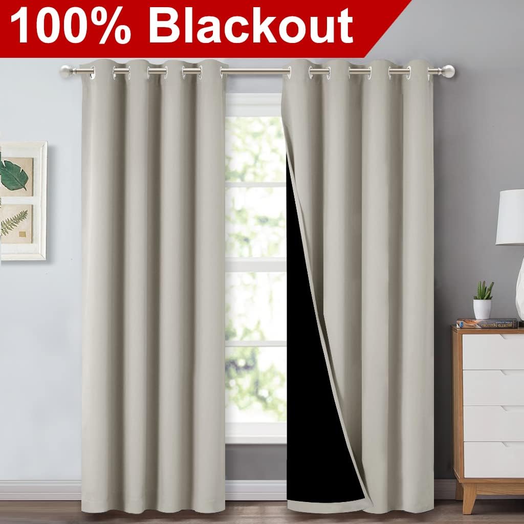 Nicetown 100% Blackout Window 84in Curtain Panels, Cold and Light Blocking Drapes with Black Liner (Natural, 2 Pieces, 52 “ Wide per Panel)…