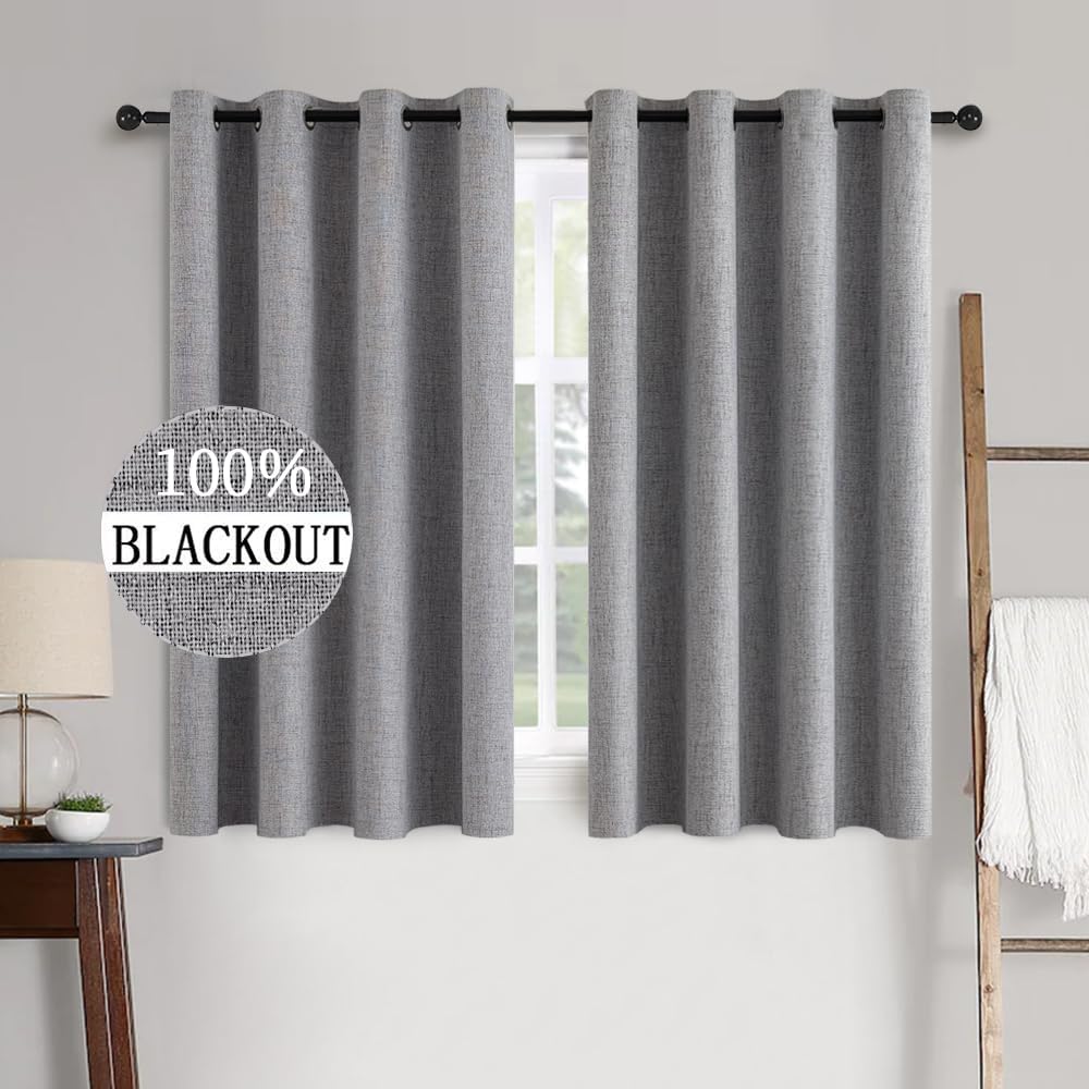 Miulee Linen Texture Curtains for Bedroom Solid 100% Blackout Thermal Insulated Grey Curtains Grommet Room Darkening Drapes Luxury Decor fo…