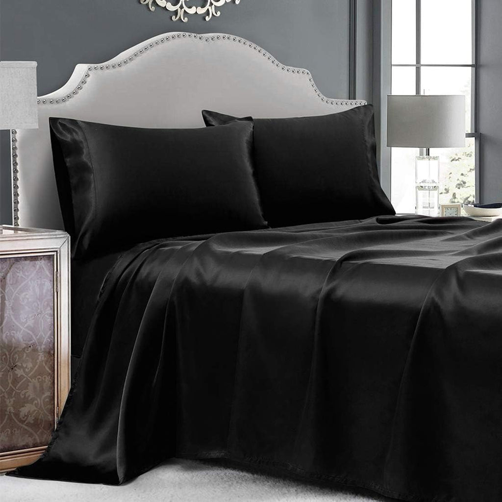 Cobedzy 3 Pcs Black Satin Sheets Twin XL Size Silky Satin Bedding Sheets Set with 1 Deep Pocket Fitted Sheet, 1 Flat Sheet, 1 Pillowcase 3…