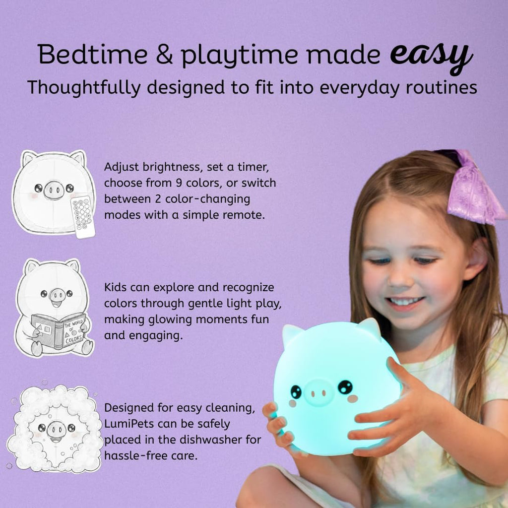 Lumipets Remote Control Silicone Night Light for Kids - Pig Design with 9 Soft Colors & Sleep Timer - Rechargeable, Battery-Operated Lamp…