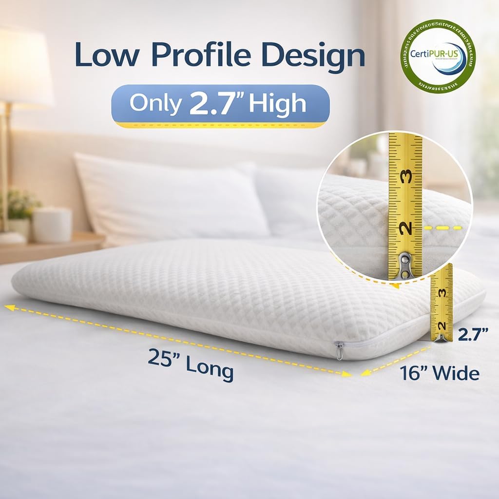 Dlight Bd Ultra 2.7" Stomach Sleeping Gel Infused Memory Foam Pillow- Ultra Thin and Flat Design for Stomach and Back Sleepers White
