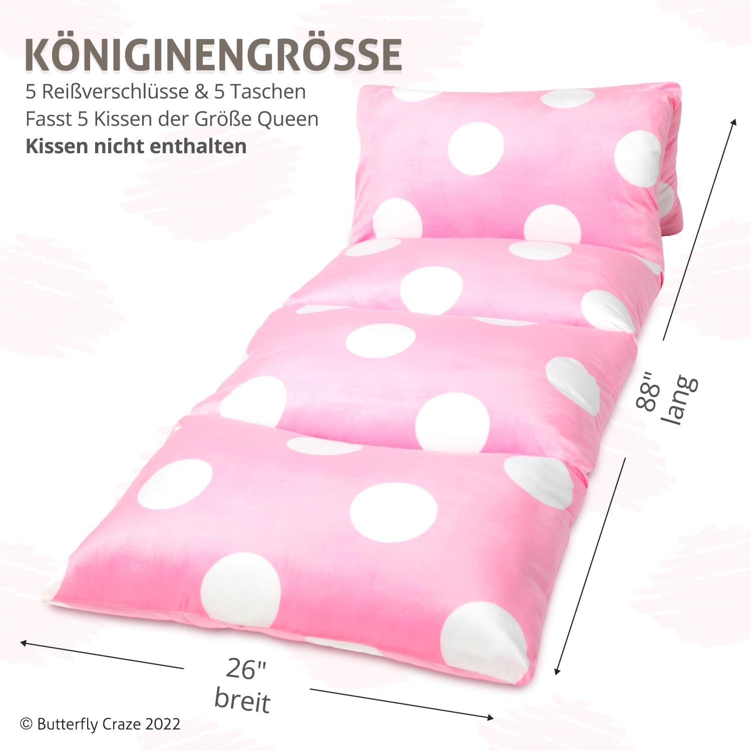 Butterfly Craze Floor Pillow Case, Mattress Bed Lounger Cover, Polka Pink, Queen Size - Cozy Seating Solution for Kids & Adults, Recliner…