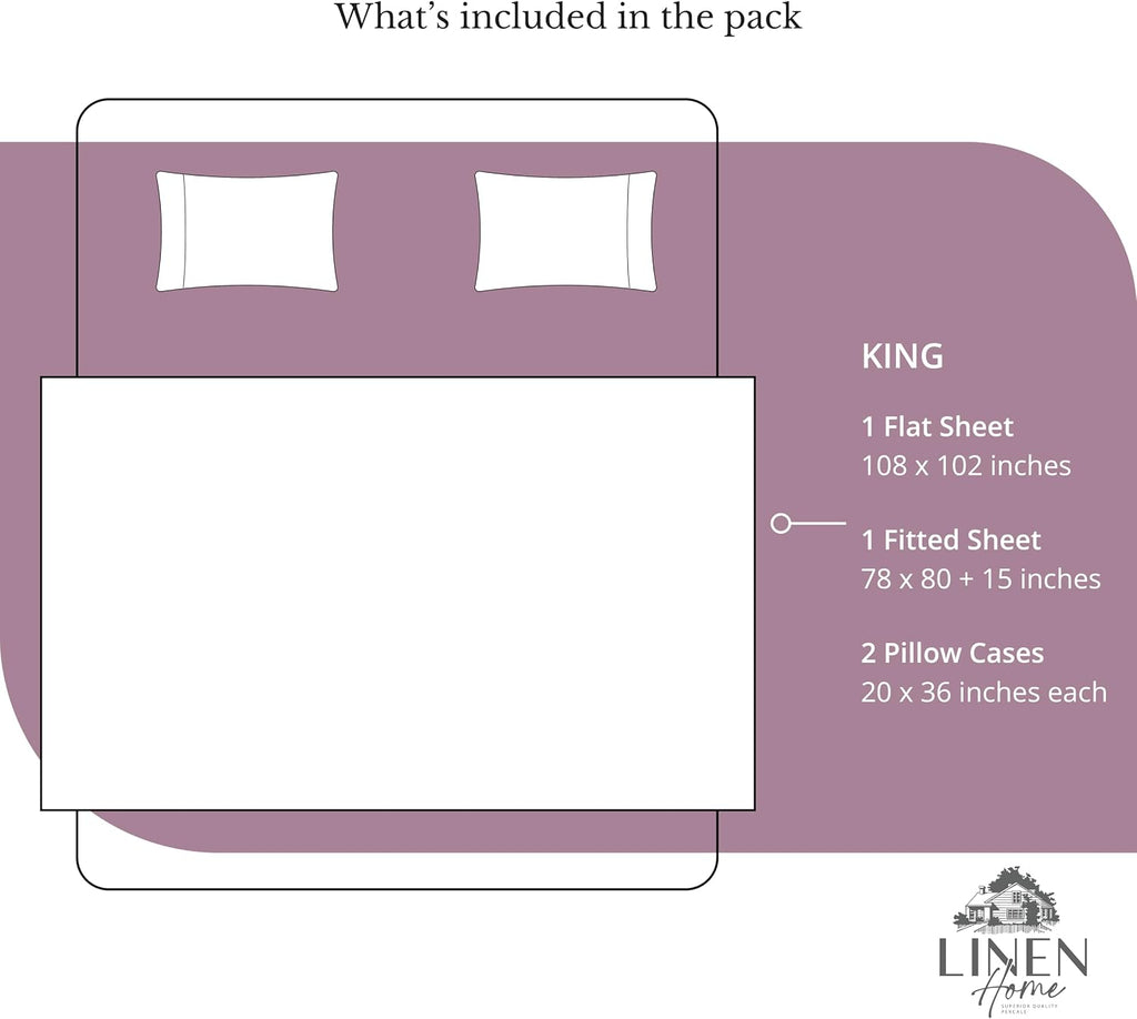 Linen Home 100% Cotton Percale Sheets King Size, Damson Berry, Deep Pocket, 4 Pieces Set - 1 Flat, 1 Deep Pocket Fitted Sheet and 2…