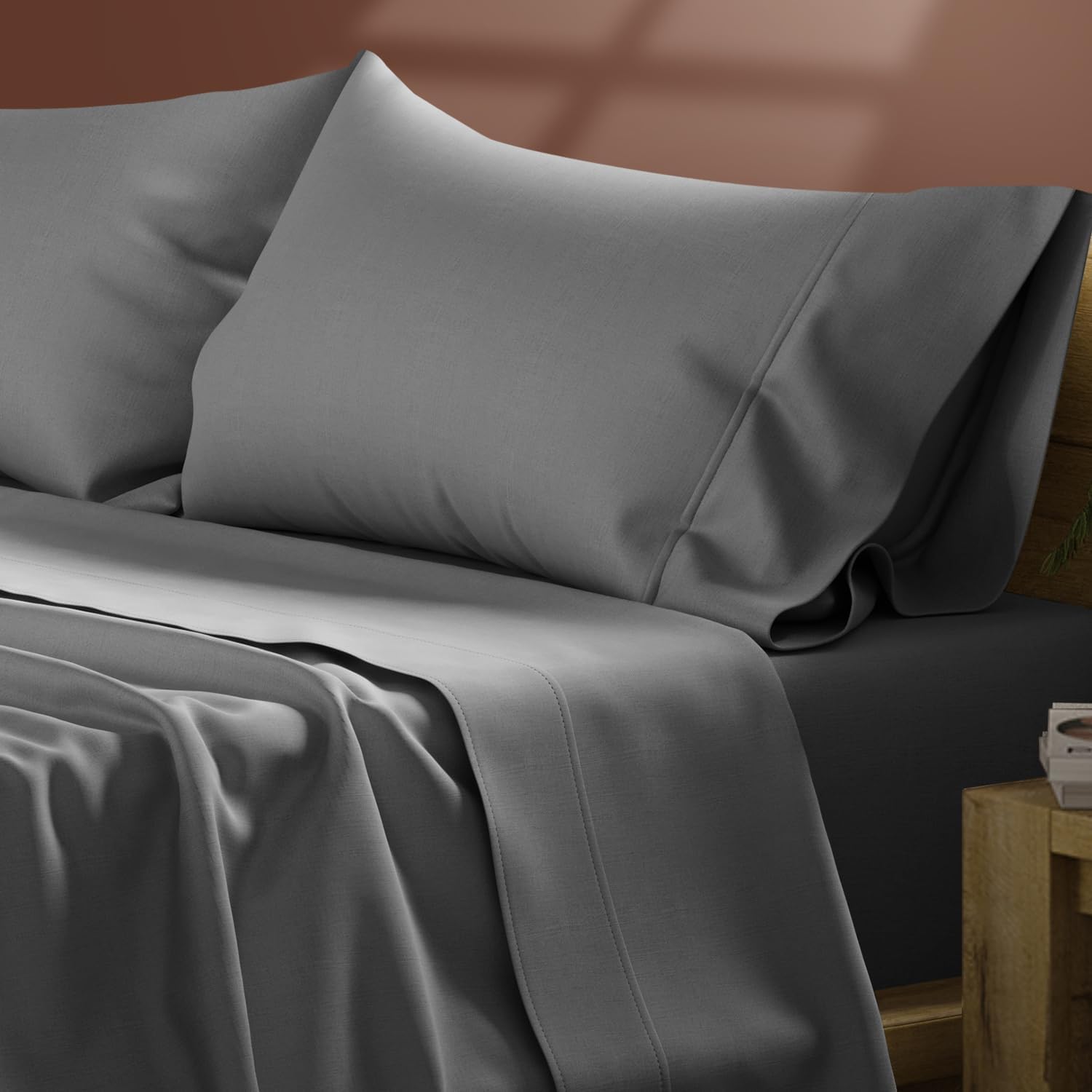 TEXAS LINEN CO. Egyptian Cotton California King Sheet Sets – 300 Series Cal King Cotton Sheet Set (4 PC, Dark Grey), Soft, Cooling, 16"…