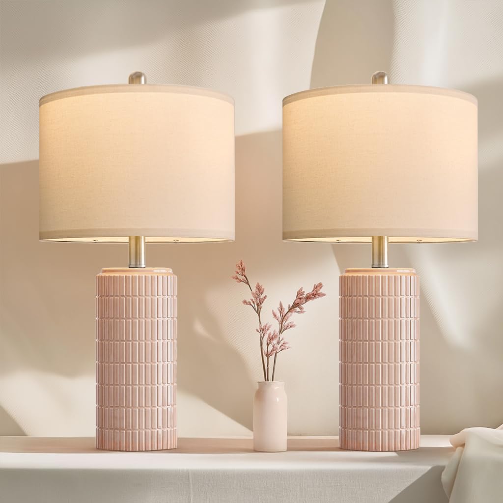 PoKat 23" Pink Ceramic Table Lamps Set of 2, Modern Bedroom Lamps for Girls Room, Bedside Lamps for Night Stands, Cute Lamps for Living…