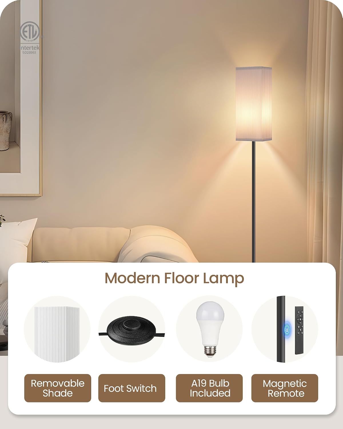2Pack 64.2” Dimmable Floor Lamp for Living Room with Remote & Foot Switch, Corner Floor Lamp for Bedroom, Includes A19 Bulb, Modern…