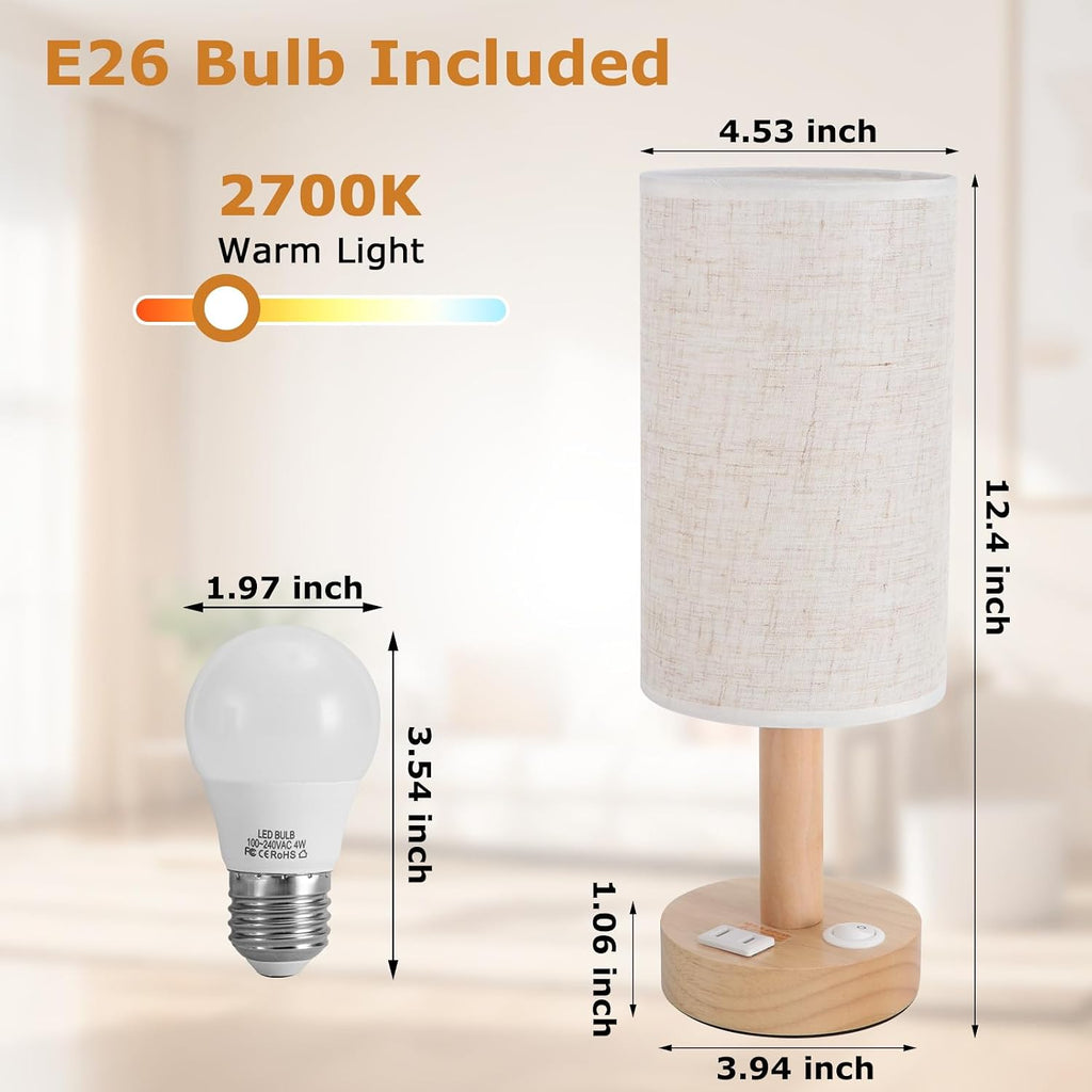 Small Bedside Table Lamp with AC Outlet, Natural Wood Base & Linen Shade, Mini Cute Cozy Warm White Nightstand Boho Lamp, Study Desk…
