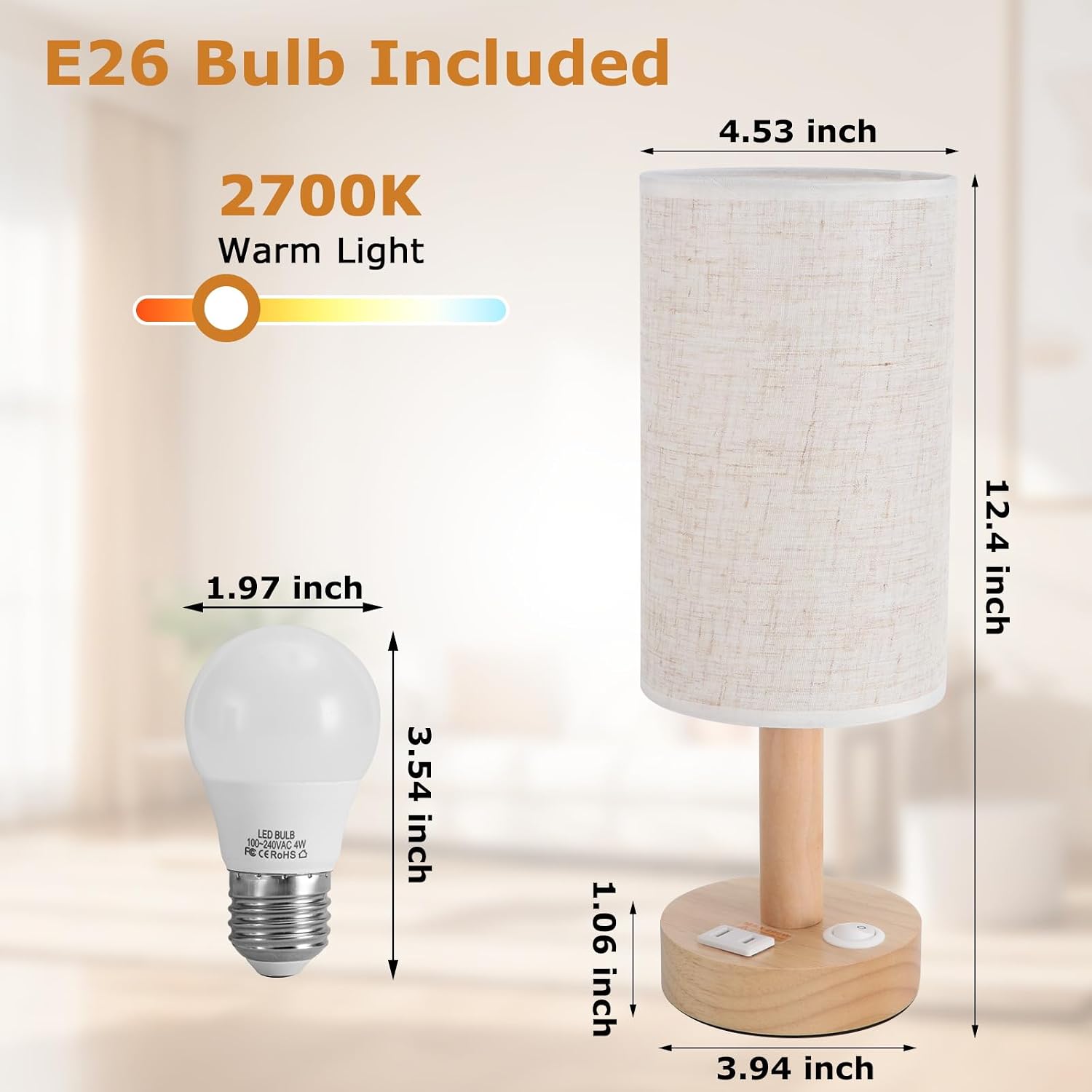 Small Bedside Table Lamp with AC Outlet, Natural Wood Base & Linen Shade, Mini Cute Cozy Warm White Nightstand Boho Lamp, Study Desk…