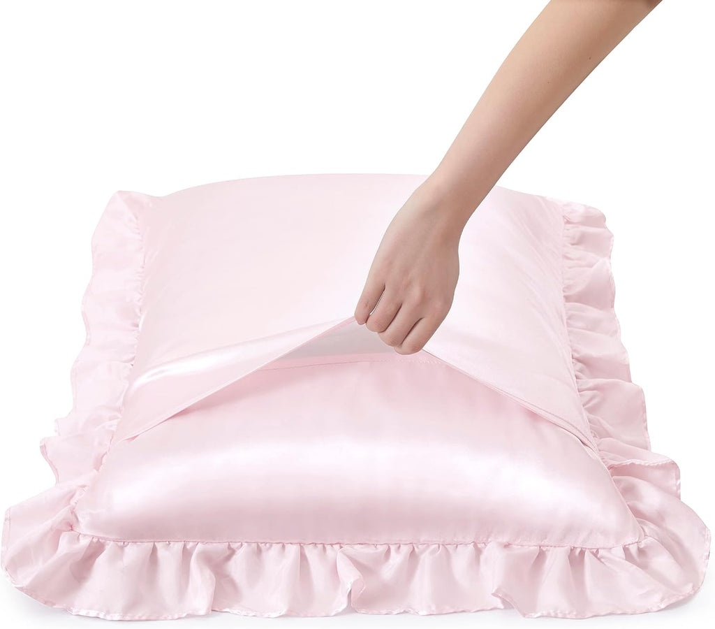 HommxJF Blush Pink Satin Ruffled Pillow Cases for Hair and Skin, Blush Pink Silk Pillowcases Standard Set of 2 with Envelope Closure Princes…