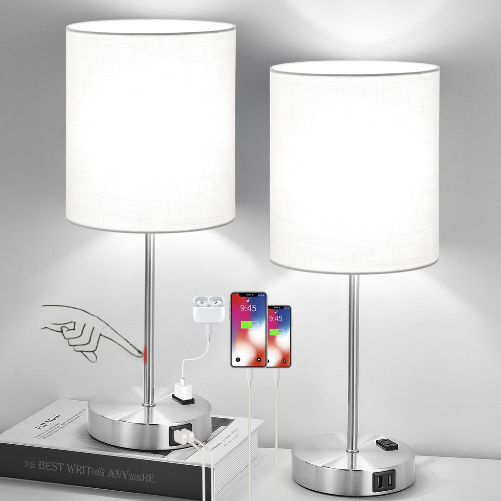 Lynnoland Set of 2 Touch White Table Lamps with 2 USB Ports & AC Outlet, 3-Way Dimmable Bedside Nightstand Lamps for Bedroom Living Room…