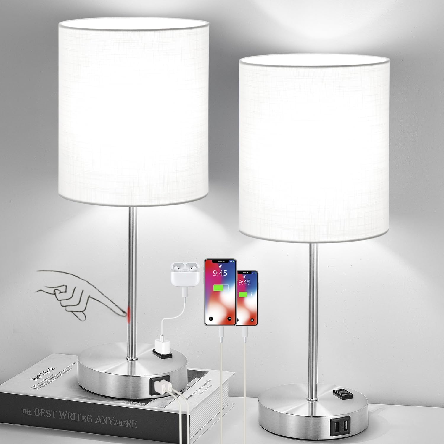 Lynnoland Set of 2 Touch White Table Lamps with 2 USB Ports & AC Outlet, 3-Way Dimmable Bedside Nightstand Lamps for Bedroom Living Room…