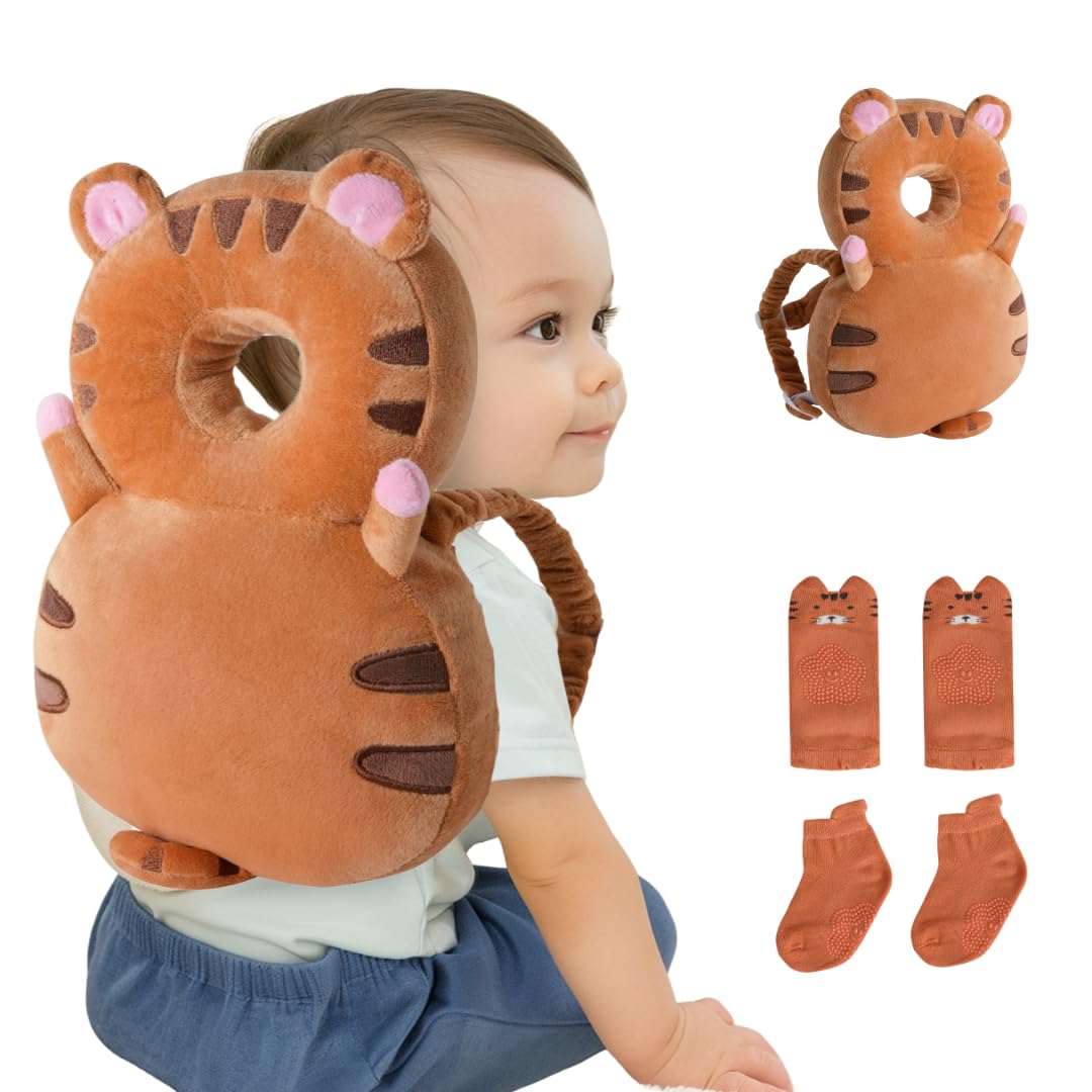 Baby Head Protector Backpack (9 to 24 Months) - Cute Head Guard Pillow with Knee Pads and Socks, Baby Shower Gift, Baby Safety Set…