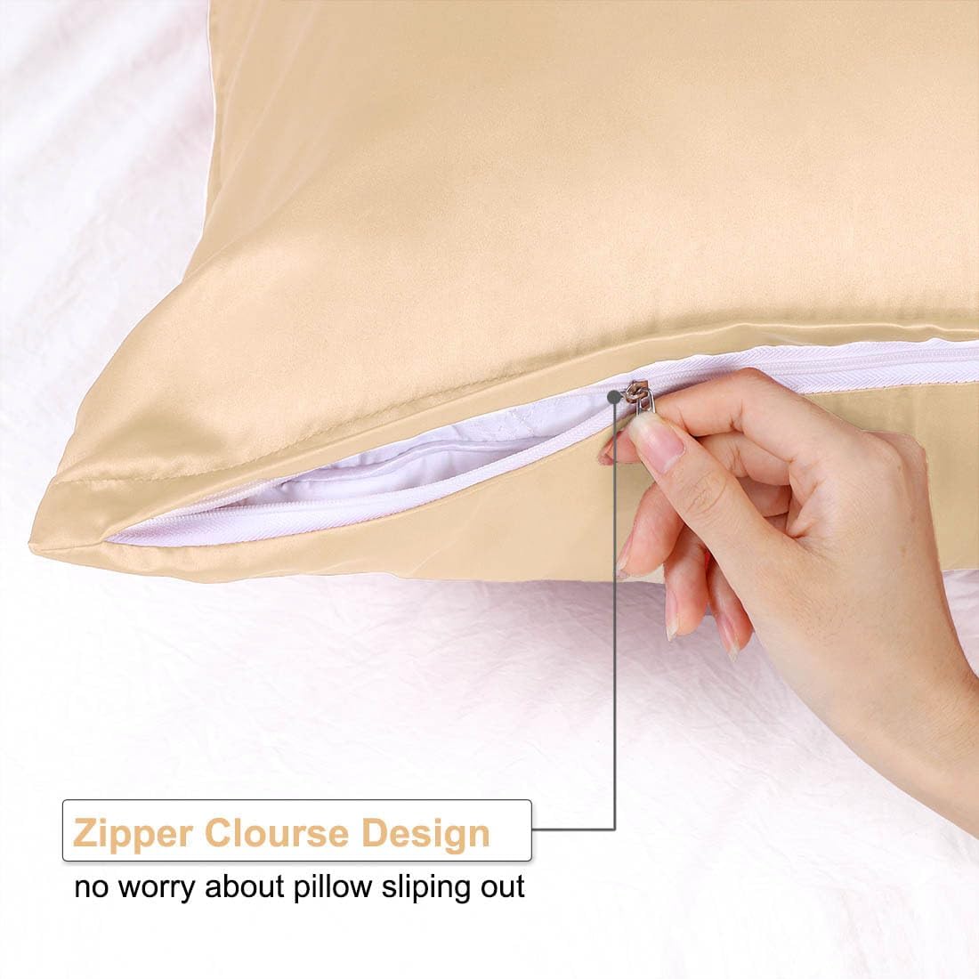 uxcell Queen Satin Pillowcase with Zipper, Super Soft and Luxury, Silky Pillow Cases Covers Set of 2, 21"x31", Champagne