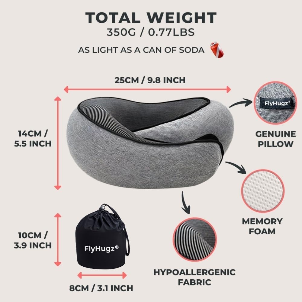 FlyHugz® Neck Travel Pillow Memory Foam Neck Pillow for Comfort on Airplane Compact and Ergonomic Design for Travel, Car Rides, and Home…
