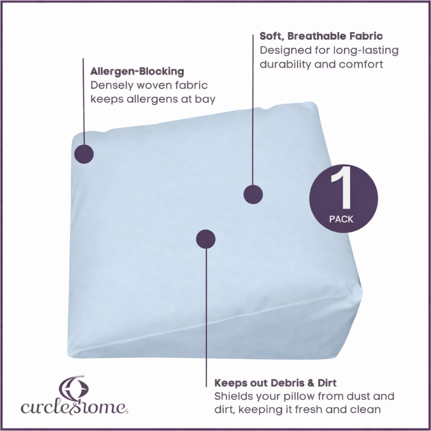 CirclesHome Wedge Pillow Cover 100% Cotton, Zippered Wedge Pillow Case Protector, Soft, Hypoallergenic & Breathable - Light Blue, (25Wx26Lx…
