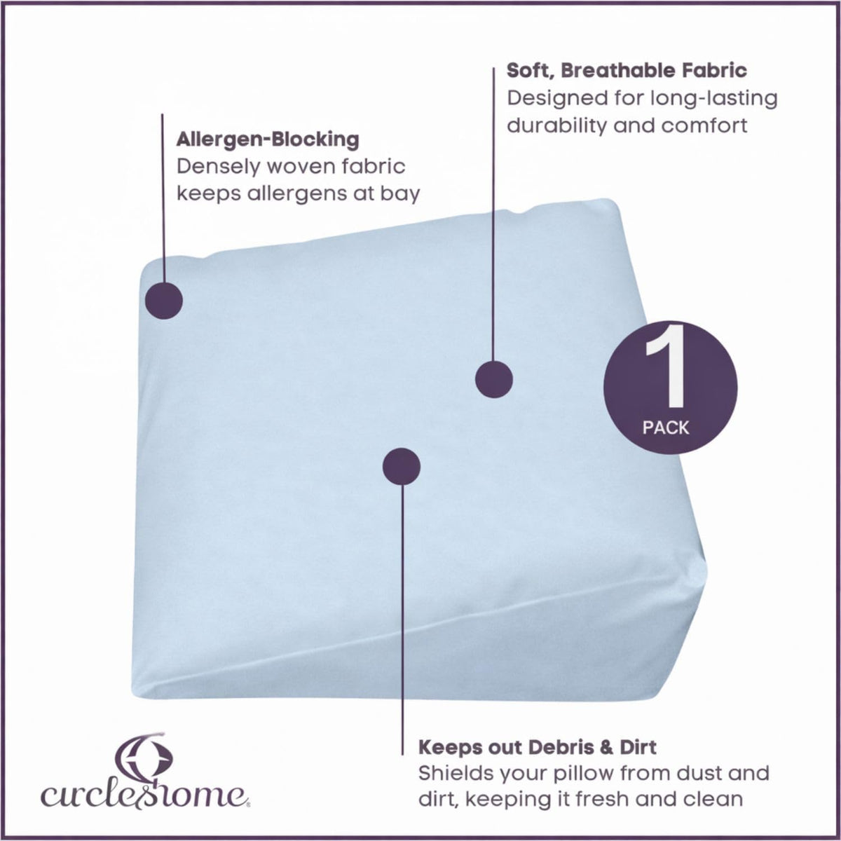 CirclesHome Wedge Pillow Cover 100% Cotton, Zippered Wedge Pillow Case Protector, Soft, Hypoallergenic & Breathable -Light Blue, (25Wx26Lx7…