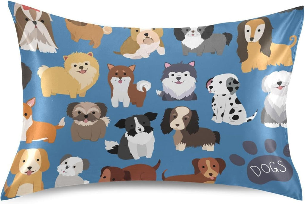 Dogs Cute Blue Print Pillow Covers Silk Pillowcase for Hair and Skin Soft Breathable Smooth Cooling Satin Pillowcase Standard Size Pillow…
