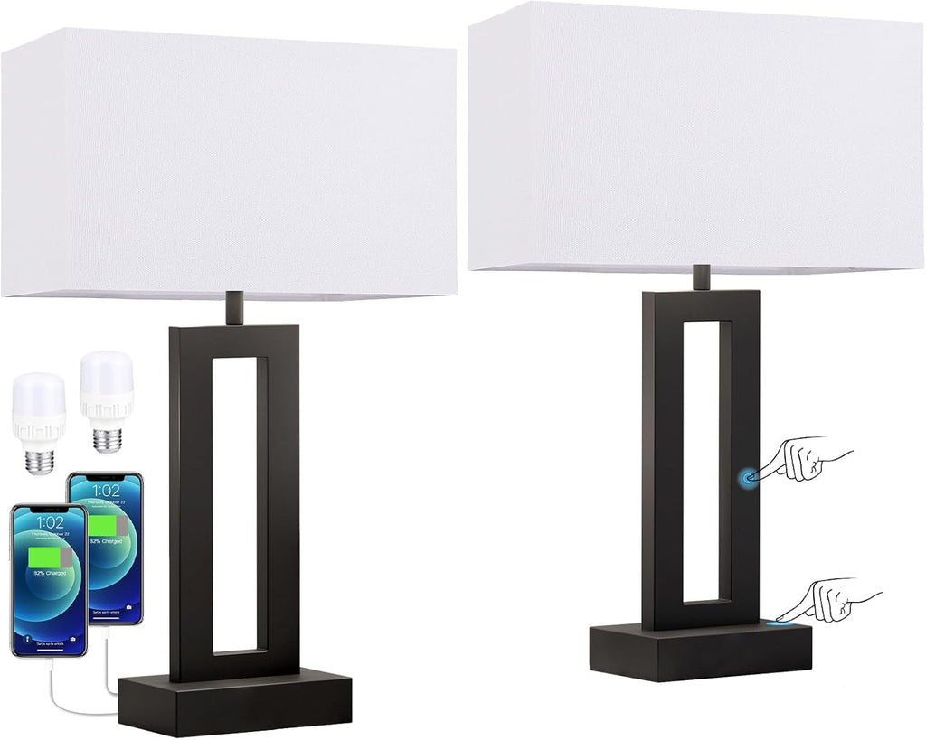 Nightstand Table Lamps for Bedrooms Set of 2 - Touch Bedside Lamp with USB C+A, 3 Way Dimmable Living Room Lamps for End Tables Set of 2…