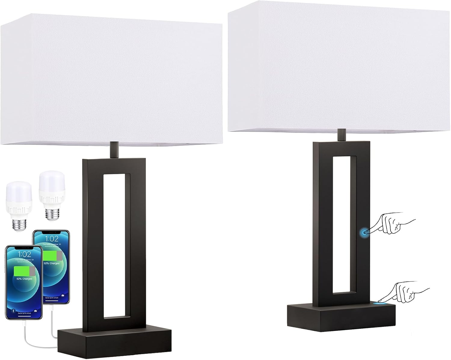 Nightstand Table Lamps for Bedrooms Set of 2 - Touch Bedside Lamp with USB C+A, 3 Way Dimmable Living Room Lamps for End Tables Set of 2…