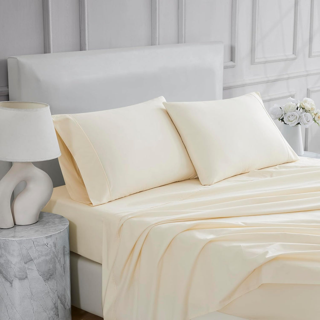 Linen Closet 4 Pcs 100% Cotton Queen Sheet Set, Ivory, 400 Thread Count, Percale Weave, Deep Pocket Fitted Sheet, Fits Up To 18"…