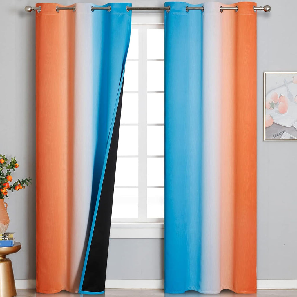 Estelartextiler Thermal Insulated Blue and Orange Curtains for Living Room, Complete Light Blocking Ombre Blackout Curtains for Bedroom, Fu…