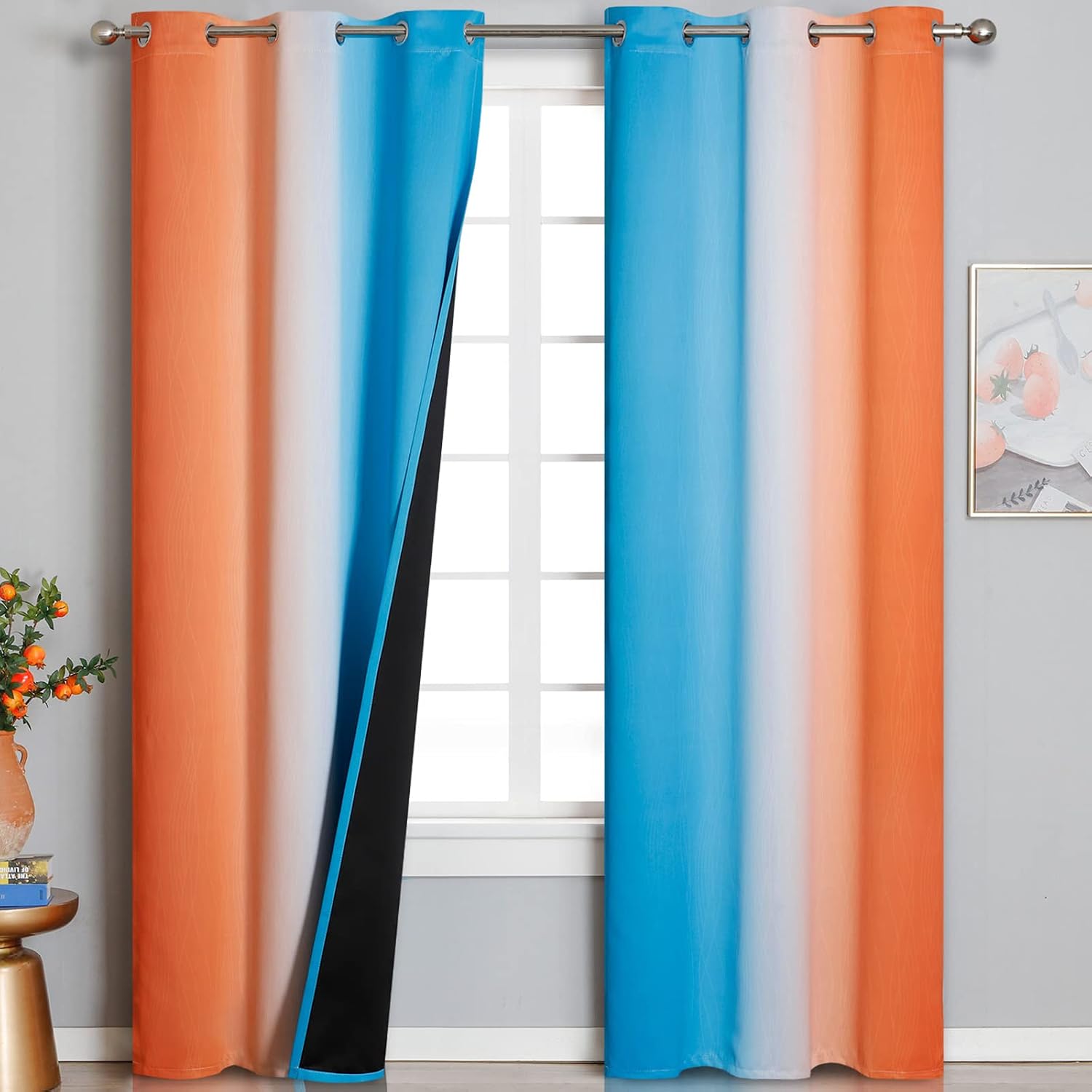 Estelartextiler Thermal Insulated Blue and Orange Curtains for Living Room, Complete Light Blocking Ombre Blackout Curtains for Bedroom, Fu…