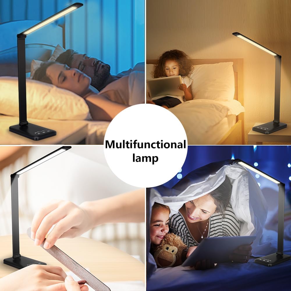 WhiteCrown White crown LED Desk Lamp Dimmable Table Lamp Reading Lamp with USB Charging Port, 5 Lighting Modes, Sensitive Control, 30/60 Mi…