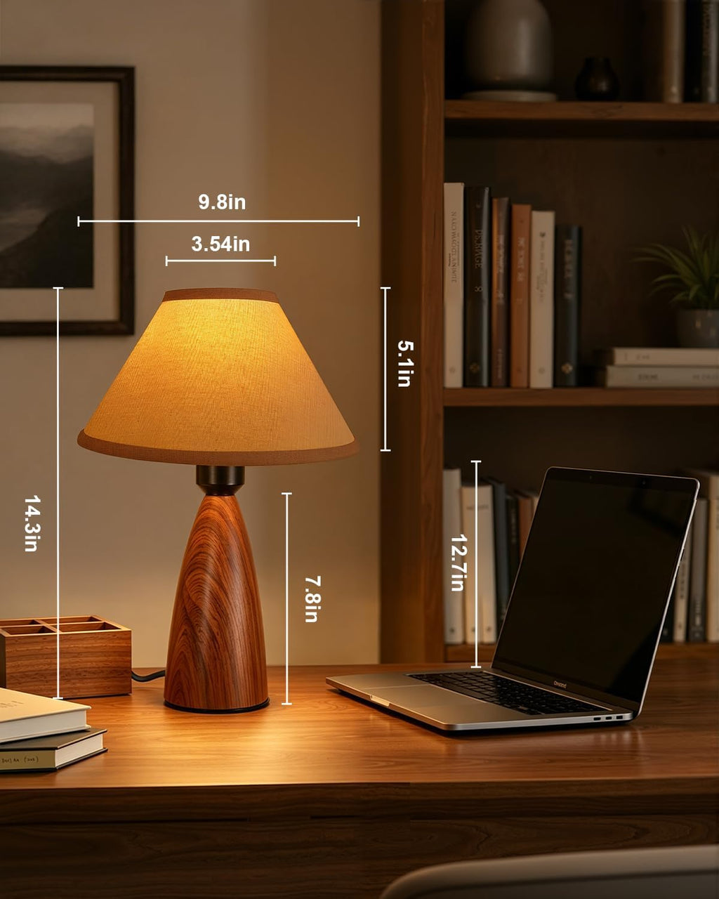 Nusogon 14.3" Touch Table Lamp for Bedroom & Living Room, 3-Way Dimmable Small Bedside Lamp with Fabric Shade & Wood Grain Base, Farmhouse…