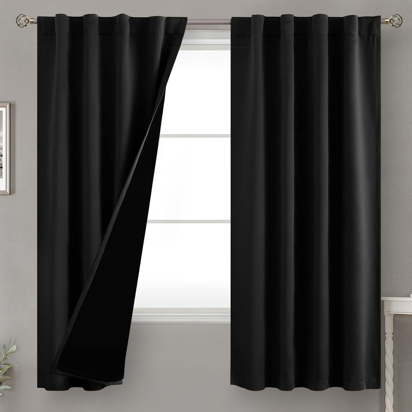 BGment Black 100% Blackout Curtains 63 Inches Long with Thermal Insulated Liner, Rod Pocket and Back Tab Double Layer Full Room Darkening…