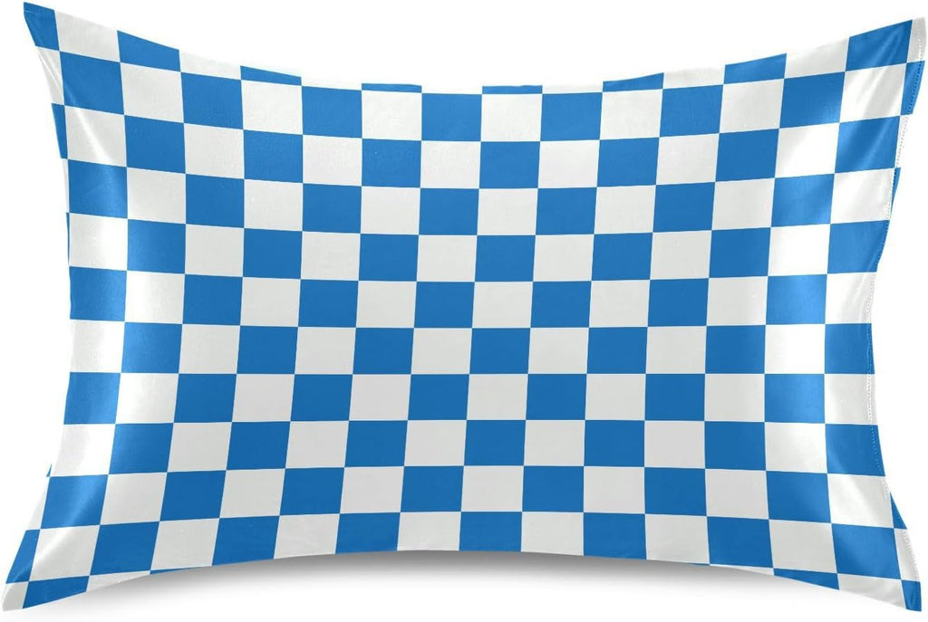 Checkerboard White Blue Plaid Print Pillow Covers Silk Pillowcase for Hair and Skin Soft Breathable Cooling Satin Pillowcase Standard…