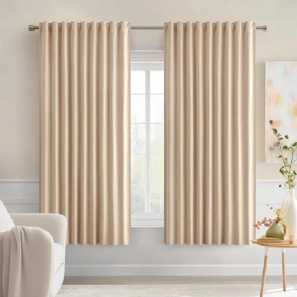 Miulee Beige Back Tab Blackout Curtains 54 Inches Long 2 Panels Set for Living Room Bedroom Privacy, Rod Pocket/Pinch Pleat Thermal Insulat…