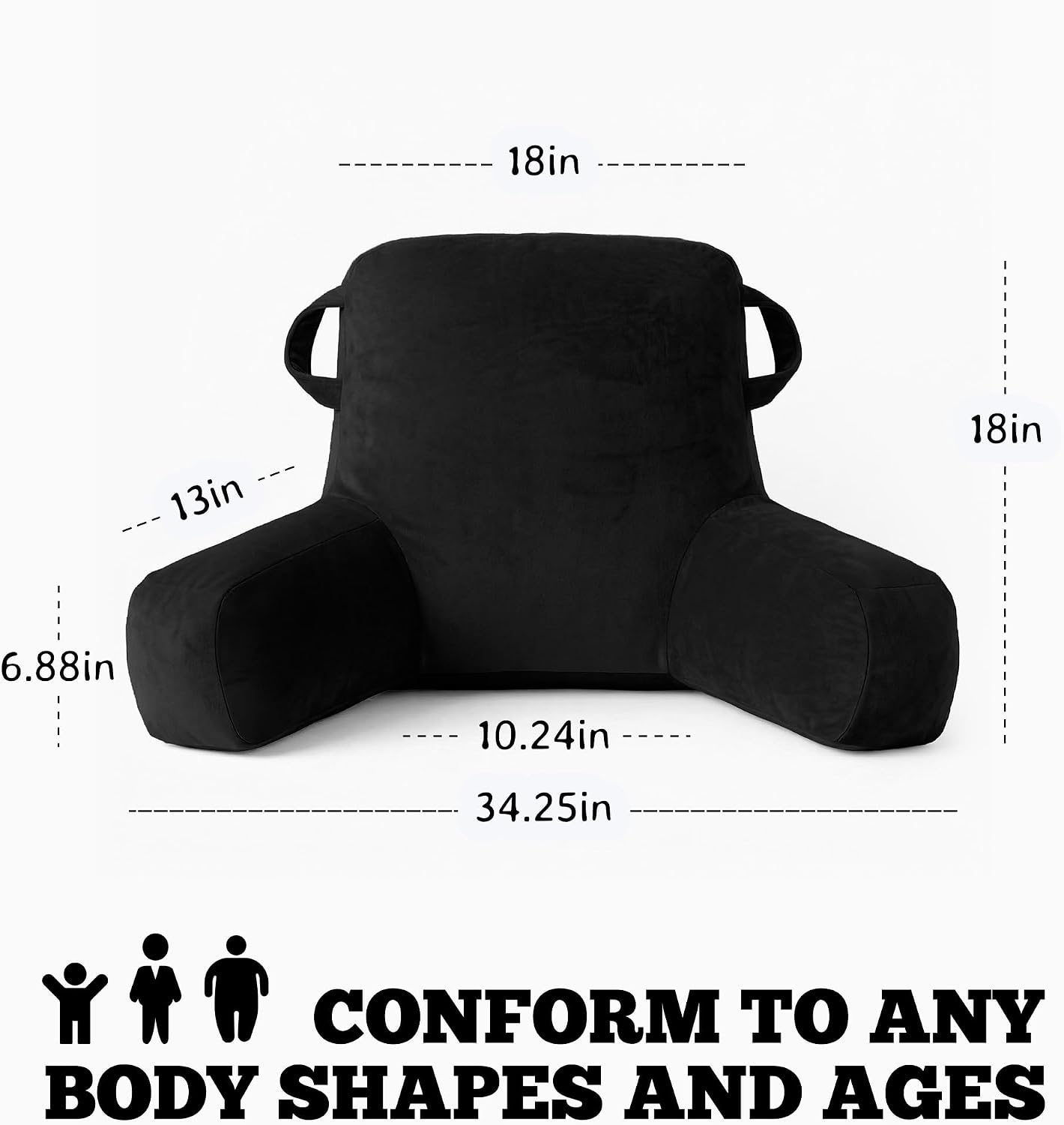 Unisakey Portable Comfy Reading Pillows for Bed Sitting Up(Black Oeko-Tex), Velvet Back Pillow with Arms & Pockets for Adults, Support…