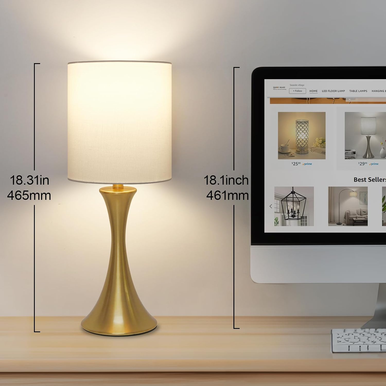 Gold Bedside Lamp Touch Control Table Lamp for Bedroom, 3-Way Dimmable Nightstand Lamp with White Shade, Modern Table Lamp for Living…